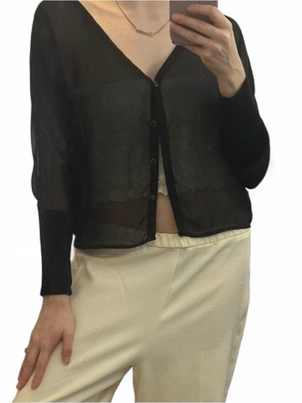 Sheer Black Button-Up Crop Cardigan Women Size Medium